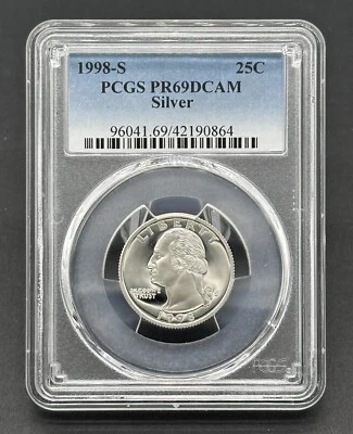 American silver proof coin 25C 1998-S Graded Washington Deep Cameo PCGS PR69DCAM - Image 1 of 2