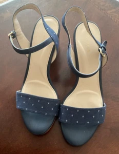 Cole Haan Navy Blue Polka Dot Chambray Block Wood Heel Sandals Size 7B GUC - Picture 1 of 6
