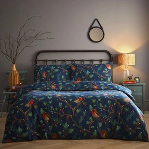Christmas Bedding Duvet Cover Set Red Robins Holly Festive Xmas Dark Blue Navy - Picture 1 of 11