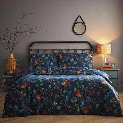 HOMEMAKER BEDDING Christmas Bedding Duvet Cover Set Red Robins Holly Festive Xmas Dark Blue Navy