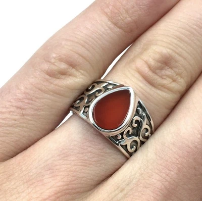 Anello in argento 925 corniola rossa piastra liscia goccia gioielli... - Immagine 1 di 4