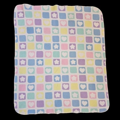 Vtg Springmaid Baby Blanket Pastel Hearts Stars Fleece Thin Squares Checkered - Image 1 of 4