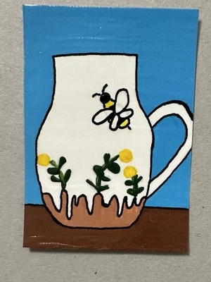 Tarjeta de arte original ACEO - Jarra de abejas - Pintura acrílica de 3,5 pulgadas por 2,5 pulgadas Foto 1 de 2