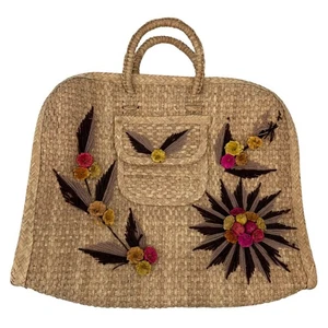 Vintage Stroh gewebte Beuteltasche Tasche Blumen Applikation Sunburst Tasche groß Schulter - Bild 1 von 9