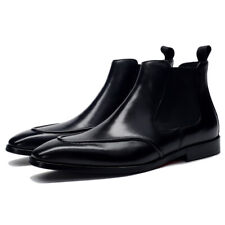 Real Leather Ankle Boot Mens Pull On Motor Chelsea Boot Pointy Toe Shoes Boots 
