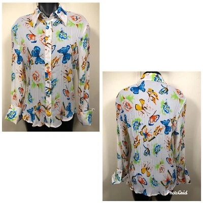 Blusa De Colección Le Caviar L Blanca Plisada Gráfica Mariposa Novedad Botón Frontal DEFECTUOSA Foto 1 de 4