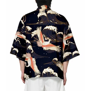Men Crane Kimono Haori Yukata Robe Shirt Cardigan Happi Tops Casual Oriental - Picture 1 of 9