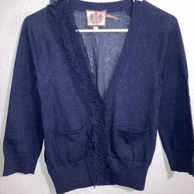 Juicy Couture Blue Cashmere Blend Cardigan Sweater Ruffle Preppy 3/4 Sleeve XS - Image 1 of 4