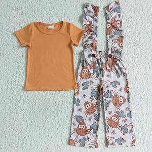 Girls Cotton Shirt Highland Cow Print Overalls Set 2pcs Outfit - Picture 1 of 2