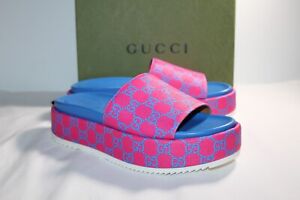 NWB Gucci GG Supreme Joy Blue Pink Platform Sandals Slip Ons Shoes 40.5 734913