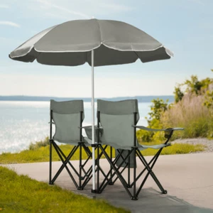 Portable Folding Picnic Double Chair W/Umbrella Table Cooler Beach Camping Chair - Picture 1 of 28