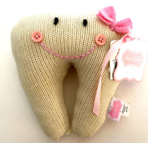 Mud Pie Tooth Fairy Pillow Pouch Knit Button Bow Pink Embroidery NWT Dental Gift