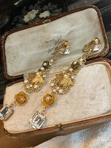 Vintage Gold-Plated Bee Pearl Drop on Filigree Base Emerald Cut Crystal Earrings - Picture 1 of 10