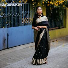 Saree Women Wedding Zari Silk Blend Sari Jacquard Indian Border Pallu Black