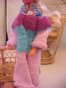Hand Knit Doll Clothes Striped Wrap Coat Hat fits 11.5" fashion such as Barbie - Picture 1 of 3