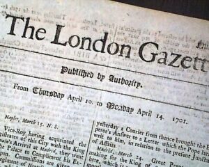 TURN of the 18th Century 321 Yrs. Old LONDON GAZETTE England RARE 1701 Newspaper
