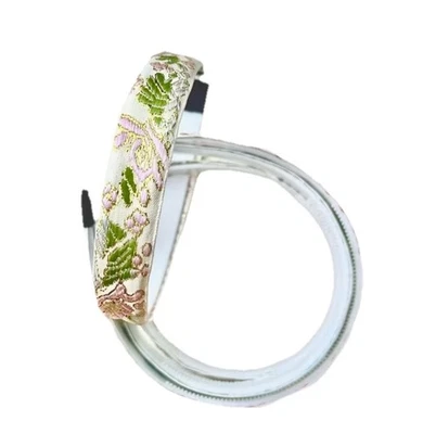 Faixa de cabelo vintage retrô tecido de renda bordado verde e rosa - Imagem 1 de 3