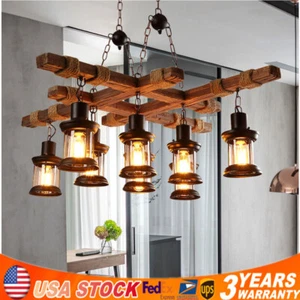 8Light Wooden Farmhouse Chandelier Hanging Lamp Pendant Lighting Ceiling Fixture - Picture 1 of 13