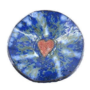 Studio Art Pottery Bowl Blue Handcrafted Heart Center Raised Pattern 6.5" Signed - Picture 1 of 8
