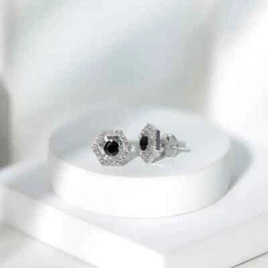 Amazing Geometric Halo Style 1.30 TCW Simulated Onyx & Sapphire Women's Earrings - Picture 1 of 8