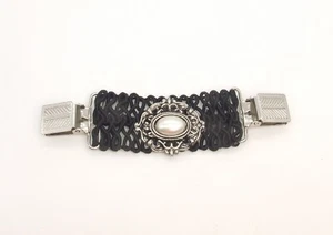 4.5" Wide Black Woven Lace Filigree Pearl Center Antiqued Silver-T Sweater Clip - Picture 1 of 3