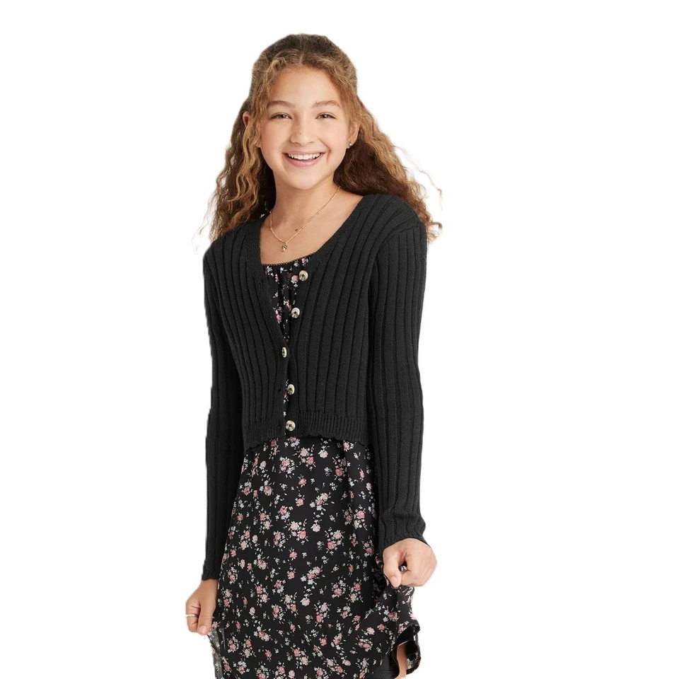 ”Art Class” Girls Half Button Up Black Sweater Crop Style Sz Small (6/7)