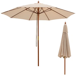 9.5 FT Wooden Patio Umbrella w/ Fiberglass Supporting Ribs & Wooden Pole - Picture 1 of 20