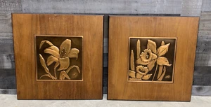 2 pc Set Pair of Vintage MCM Wood and Copper Floral Flowers Panels Bruce Fox - Picture 1 of 9