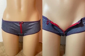 Vtg DENIM LOOK Button & ZIPPER Skimpy Panties Shiny Blue Nylon Red Small/5/XS - Picture 1 of 8
