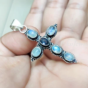 Amethyst & Moonstone Blue Fire Gemstone 925 Sterling Silver Cross Pendant /p-832 - Picture 1 of 10