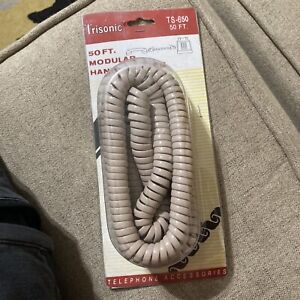 NOS 50ft  Modular Telephone Coiled Handset Cord Phone Beige (tan) Trisonic 50’