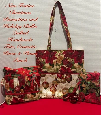CHRISTMAS POINSETTIAS & DECORATIONS QUILTED TOTE, COSMETIC BAG & PHONE POUCH SET - image 1 of 4