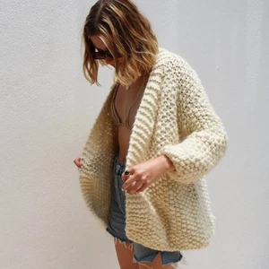 Prima de Sur Designer 100% Merinowolle Creme Grobstrick Pullover Cardigan - Bild 1 von 7