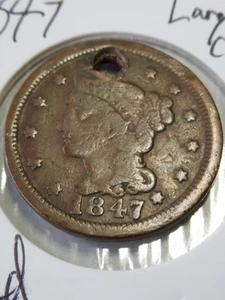 1847 1C BN Braided Hair Cent Holed - Picture 1 of 2