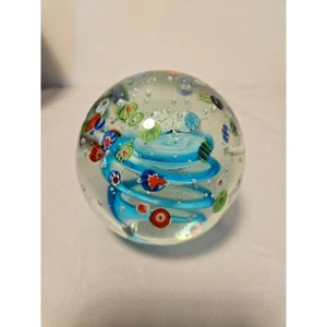 Murano Style Art Glass Paperweight Millefiori Blue Swirl Decorative Orb - Picture 1 of 3