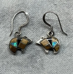 Sterling Silver Bear Fetish Turquoise Inlaid Stone Earrings - Picture 1 of 2