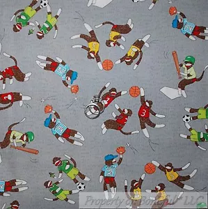 BonEful Fabric FQ Cotton Quilt Gray Blue Red Brown Sock Monkey Stripe Sport Boy - Picture 1 of 6