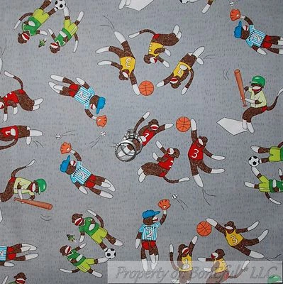 BonEful Fabric FQ Cotton Quilt Gray Blue Red Brown Sock Monkey Stripe Sport Boy - Image 1 of 4