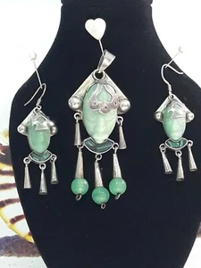 Mexico 925 Silver Vintage Jade & Malachite Aztec Tribal Pendant and Earring Set - Picture 1 of 12