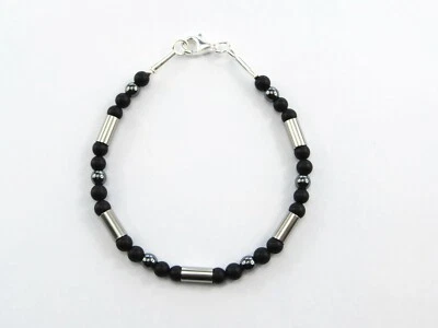 Edelstahl Onyx schwarz matt Armband Herren Damen Silber Perlen Kugel Partner neu - Bild 1 von 2