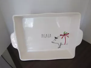 RAE DUNN CHRISTMAS CASSEROLE PIG FA LA LA SQUARE HANDLES BOW WITH HOLLY 11 X 9" - Picture 1 of 5