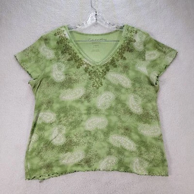 Blusa Y2K Desteñida Glory Mujer Top Talla L Verde Acanalada Tejido Cuentas Paisley Cuello en V Foto 1 de 4