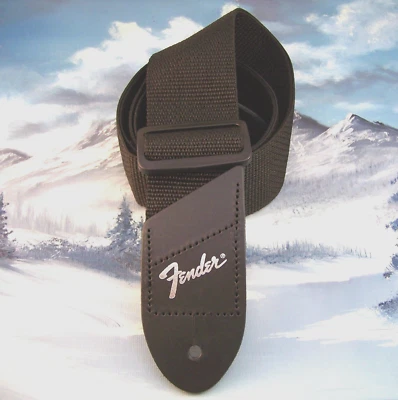 GUITAR STRAP ~ GENUINE FENDER ~ BLACK w/ SILVER LOGO - Image 1 of 2