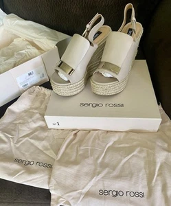 Women Sergio Rossi Scarpe Donna Wedge Sandals EU Sz 39 Italy Nappa Seventy Chalk - Picture 1 of 24
