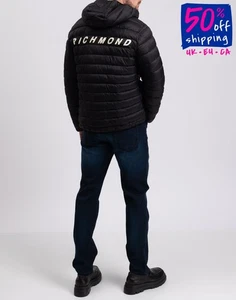 JOHN RICHMOND Quilted Jacket US38 IT50 M Padded Black Lightweight Logo Hooded - Picture 1 of 10