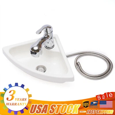 Boat Caravan Rv Camper Corner Vanity Sink White with Faucet Drain and Hose Kit - Image 1 of 4