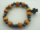 Natural Wood Beads & Coloured Blue Wood Beads On A 6" Elasticated Bracelet
