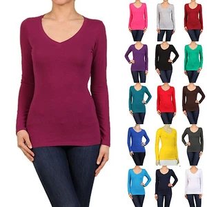 CAMISETAS DE ALGODÓN CUELLO EN V manga larga para mujer/junior top liso S-XL SJ2022 - Imagen 1 de 72