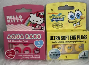 Hello Kitty Aqua Ears Soft Silicone Kids Ear Plugs Kawaii+SpongeBob 6pair Total - Picture 1 of 4
