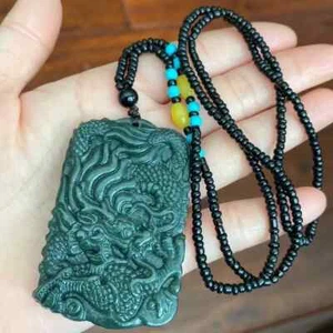Large Nephrite Jade Carving Dragon Pendant Necklace Men - Picture 1 of 8